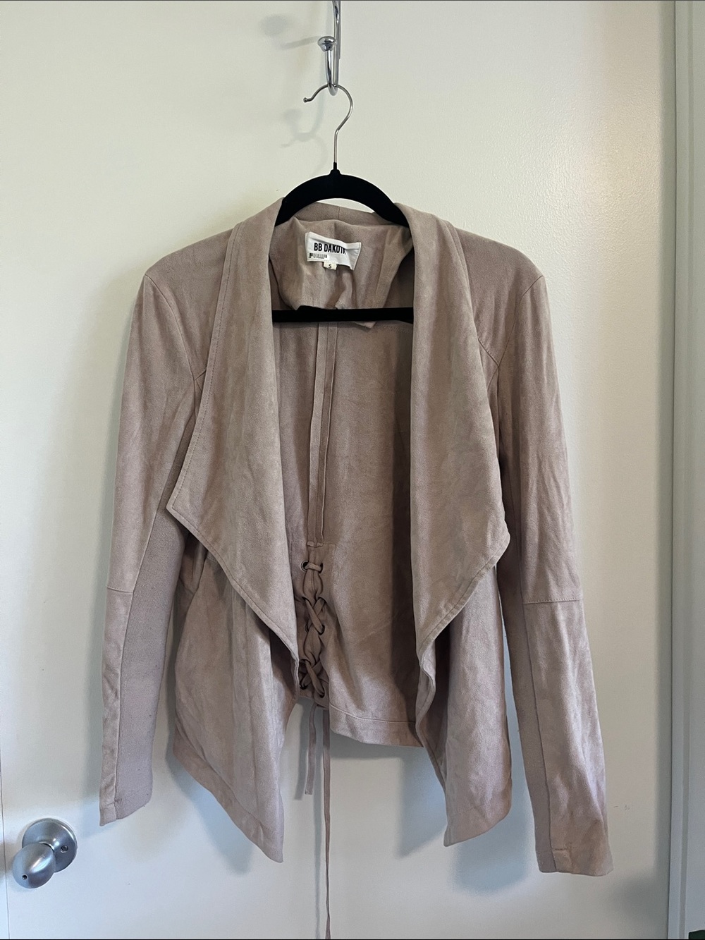 BB Dakota Taupe Faux-Suede Draped Jacket with Braided Tie